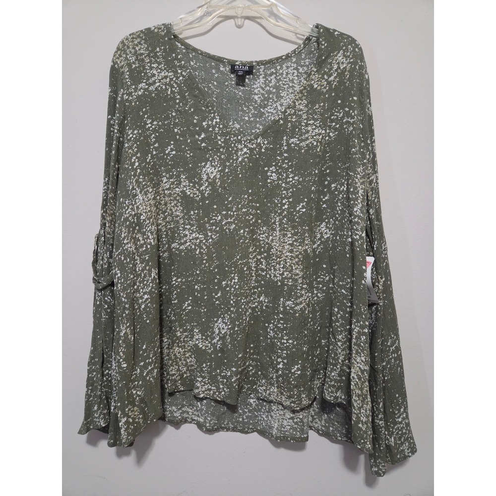 ANA A New Approach Oregano Multi Splatter Print V-Neck Bell Sleeve Blouse XXL NW